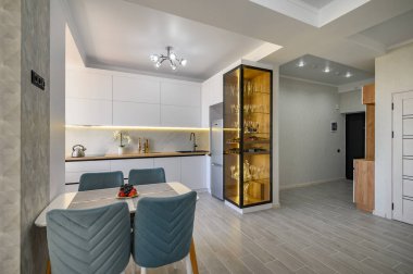 Tamamen işlevsel mutfağı olan modern ve şık beyaz stüdyo daire.