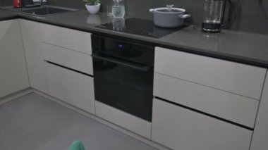 Modern trendy grey and white kitchen with latest appliances, tilt shot