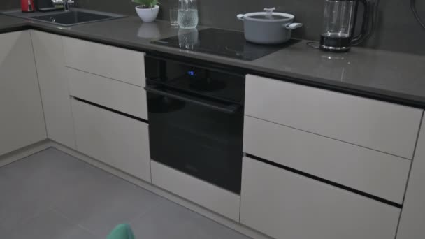 Modern Trendy Grey White Kitchen Latest Appliances Tilt Shot — Video Stock