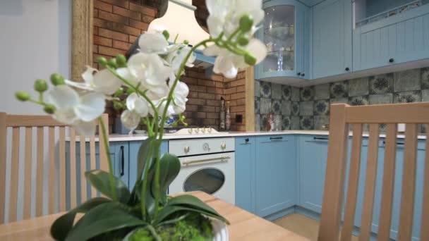 Modernes Klassisch Blaues Und Beiges Luxuriöses Kücheninterieur Dolly Shot Über — Stockvideo