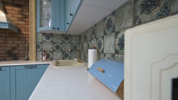 Retro Provence Blue Beige Luxurious Kitchen Furniture Closeup Dolly Shot — Stock Video