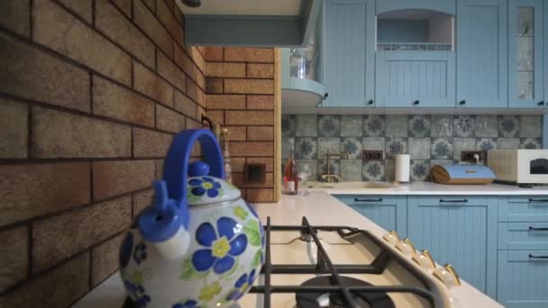 Modern Classic Blue Beige Luxurious Kitchen Interior Track Shot Worktop — Stock Video