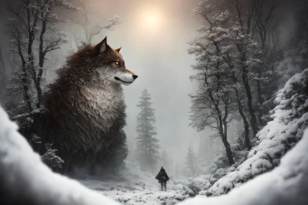 Riesiger Wolf Warg Fenrir Blickt Dich Der Dämmerung Durch Schneebedeckte — Stockfoto