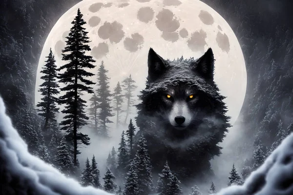 Bela Paisagem Inverno Com Lobo Gigante Warg Fenrir — Fotografia de Stock