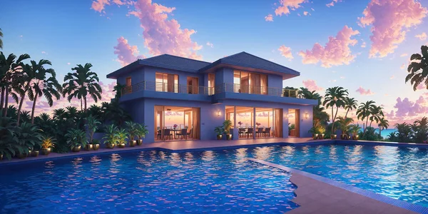 Swimming Pool Next Luxury Bungalow Villa Suitable Big Party Sunset — 스톡 사진
