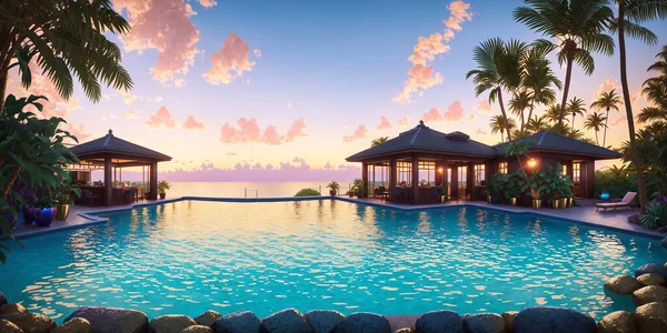 Swimming Pool Next Luxury Bungalow Villa Suitable Big Party Sunset Лицензионные Стоковые Изображения