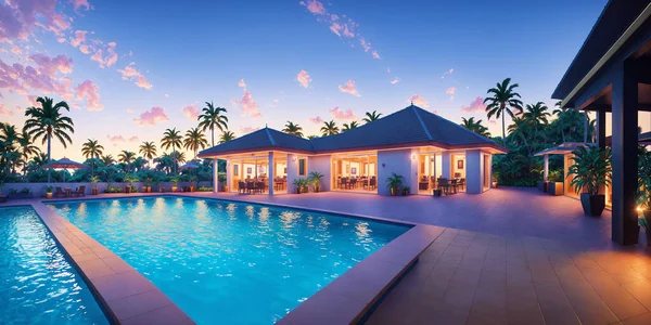 Swimming Pool Next Luxury Bungalow Villa Suitable Big Party Sunset Fotos de stock libres de derechos
