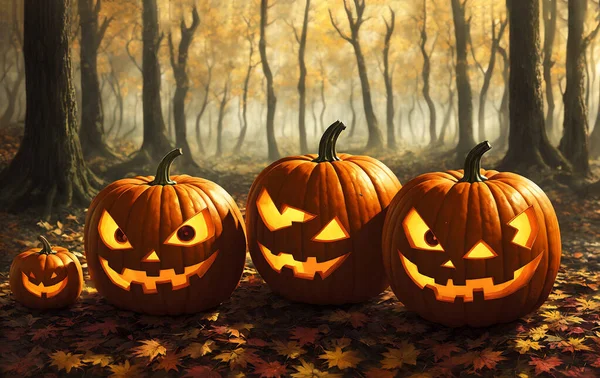 A group of carved jack-o-lantern pumpkins sitting on top of a cobblestone road in front of a forest, spooky, gothic art.