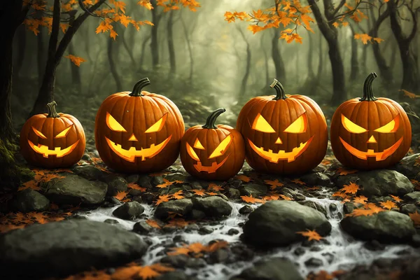 Group Carved Jack Lantern Pumpkins Sitting Top Cobblestone Road Front — Stockfoto