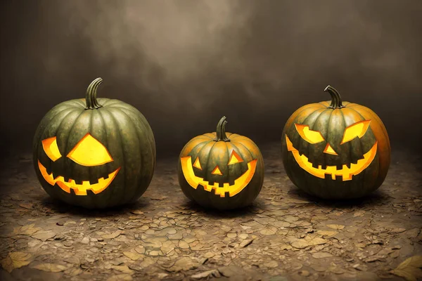 A group of carved jack-o-lantern pumpkins sitting on top of a cobblestone road in front of a forest, spooky, gothic art.