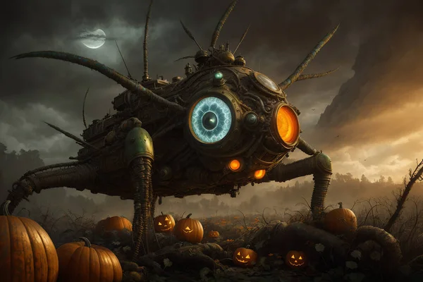 A painting of a infernal hell spider with tentacles and a bunch of pumpkins with eyes on it\'s back, concept fantasy art.
