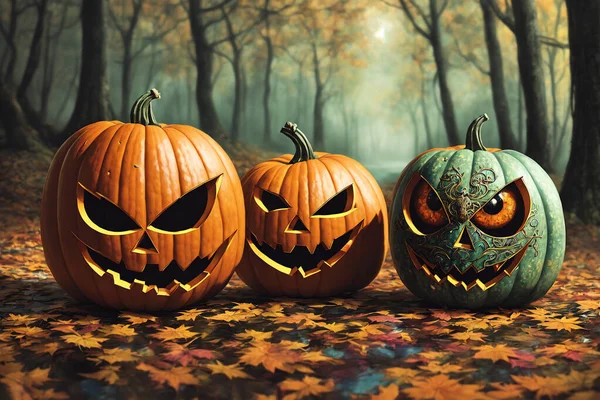 Group Carved Jack Lantern Pumpkins Sitting Top Cobblestone Road Front Стоковая Картинка