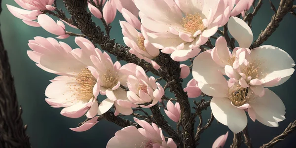 Closeup Blossoming Sakura Tree Branches Fresh Flowers Ornate Stylized Лицензионные Стоковые Фото