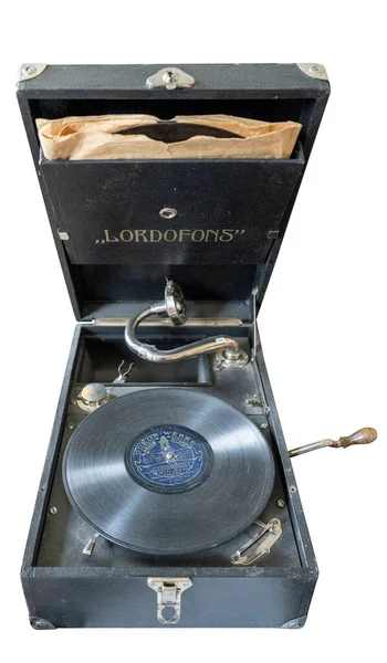 Offener Vintage Koffer Plattenspieler Mit Retro Vinyl Platte Vintage Grammophon — Stockfoto