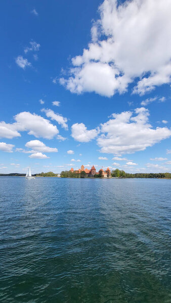 Trakai Medieval Gothic Island Castle, Located in Galve Lake. Aerial Shot of the Most Beautiful Lithuanian Landmark. Trakai Island Castle - One of the Most Popular Tourist Destination in Lithuania