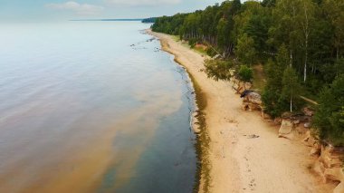 Veczemju Kayalıkları Kızıl Kayalar, Letonya. Baltık Denizi kıyısındaki Kızıl Kum Taşı Uçurumu 'nda Dalgalar, Kayalar ve Bulutlu Yağmurlu Yaz Günü. Hava Görünümü