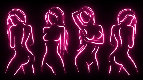 摘要尼昂发光女性外型身体轮廓视频背景图4K 明亮的霓虹灯女孩轮廓的黑色背景 霓虹灯标志身体的象征 格鲁吉亚女性的身体线条 — 图库视频影像