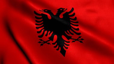 Arnavutluk Bayrağı. Arnavutluk 'un Saten kumaş desenli bayrağını sallıyor. 3D illüstrasyon. Arnavutluk Cumhuriyeti 'nin Gerçek Doku Bayrağı