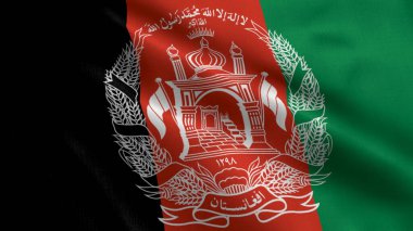 Afganistan Bayrağı. Afganistan 'ın Saten kumaş desenli bayrağını sallıyor. 3 boyutlu bir resim. Afganistan İslam Emirliğinin Gerçek Doku Bayrağı