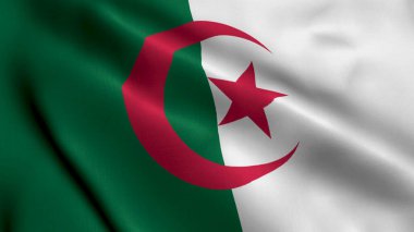 Cezayir Bayrağı. Cezayir 'in Saten kumaş desenli bayrağını sallıyor. Cezayir Demokratik Halk Cumhuriyeti 'nin Gerçek Doku Bayrağı