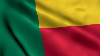 Benin Bayrağı. Benin 'in 3 boyutlu resimlerinin kumaş kumaş desenli bayrağını sallıyor. Benin Cumhuriyeti 'nin Gerçek Doku Bayrağı