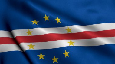 Cabo Verde bayrağı. Flag Cape Verde 'nin saten kumaş dokusu 3 boyutlu illüstrasyon. Cabo Cumhuriyeti 'nin Gerçek Doku Bayrağı