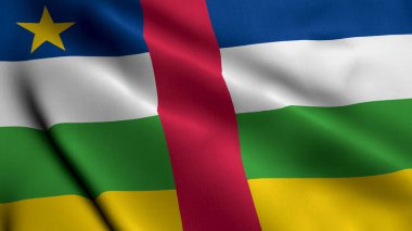 Orta Afrika Cumhuriyeti Bayrağı. Bayrak Arabasının Saten Kumaş dokusu 3 boyutlu illüstrasyonunu sallıyor. Orta Afrika Cumhuriyeti 'nin Gerçek Doku Bayrağı