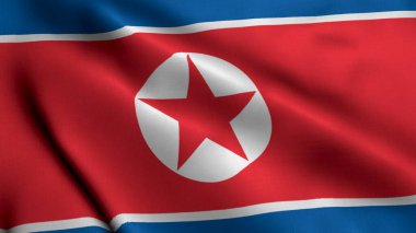 DPRK bayrağı. DPRK 3D illüstrasyon bayrağının kumaş dokusu sallanıyor. Kore Demokratik Halk Cumhuriyeti 'nin Gerçek Doku Bayrağı