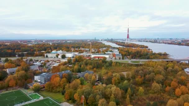 Paysage Automne Riga Lettonie Vue Owerdaugava Pont Dienthe Pont Sud — Video