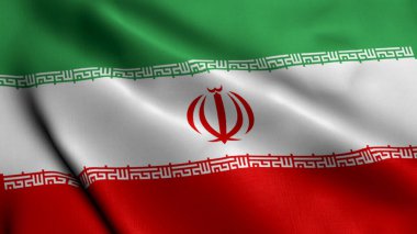 İran Bayrağı. İran 'ın Saten kumaş desenli bayrağını sallıyor. İran İslam Cumhuriyeti 'nin Gerçek Doku Bayrağı