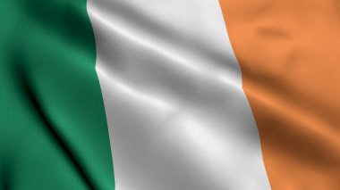 İrlanda Bayrağı. İrlanda 'nın Saten kumaş desenli bayrağını sallıyor. 3 boyutlu bir resim. İrlanda 'nın Gerçek Doku Bayrağı