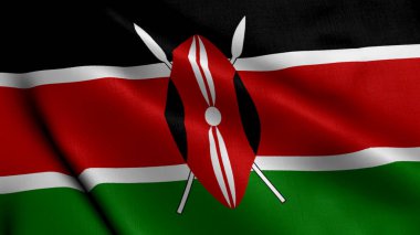 Kenya Bayrağı. Kenya 'nın Saten kumaş desenli bayrağını sallıyor. Kenya Cumhuriyeti 'nin Gerçek Doku Bayrağı