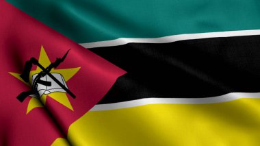 Mozambik Bayrağı. Mozambik 'in Saten kumaş desenli bayrağını sallıyor. Mozambik Cumhuriyeti 'nin Gerçek Doku Bayrağı