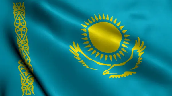 Kazakhstan Flag. Waving  Fabric Satin Texture Flag of Kazakhstan 3D illustration. Real Texture Flag of the Republic of Kazakhstan
