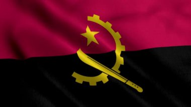 Angola Bayrağı. Angola 'nın Saten kumaş desenli bayrağını sallıyor. Angola Cumhuriyeti 'nin Gerçek Doku Bayrağı 4K Video