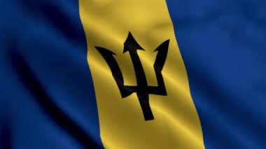 Barbados Bayrağı. Barbados 'un Saten kumaş desenli bayrağını sallıyor. Barbados 4K Video 'nun Gerçek Doku Bayrağı