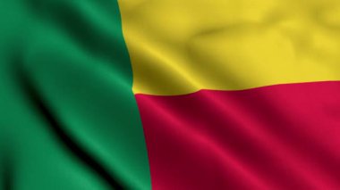 Benin Bayrağı. Benin 'in 3 boyutlu resimlerinin kumaş kumaş desenli bayrağını sallıyor. Benin Cumhuriyeti 'nin Gerçek Doku Bayrağı 4K Videosu