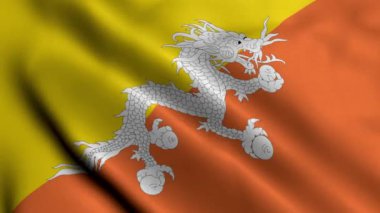 Bhutan Bayrağı. Bhutan 'ın Saten Kumaş Dokusu 3 boyutlu illüstrasyonunu sallıyor. Bhutan Krallığının Gerçek Doku Bayrağı 4K Videosu
