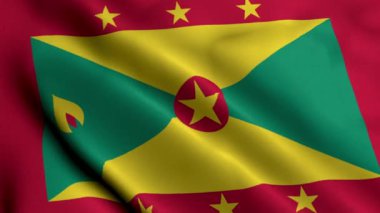 Grenada Bayrağı. Grenada 3 boyutlu illüstrasyonun kumaş desenli bayrağını sallıyor. Grenada 4K Video 'nun Gerçek Doku Bayrağı