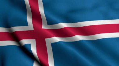 İzlanda Bayrağı. İzlanda 'nın Saten kumaş desenli bayrağını sallıyor. İzlanda 4K Videosunun Gerçek Doku Bayrağı