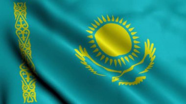 Kazakistan Bayrağı. Kazakistan 'ın Saten kumaş desenli bayrağını sallıyor. Kazakistan Cumhuriyeti 'nin Gerçek Doku Bayrağı 4K Video