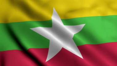 Myanmar Bayrağı. Myanmar 3D illüstrasyon kumaş dokusu bayrağı sallıyor. Myanmar Cumhuriyetinin Gerçek Doku Bayrağı 4K Video