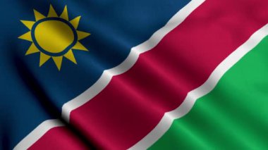 Namibya Bayrağı. Namibya 'nın Saten kumaş desenli bayrağını sallıyor. Namibya Cumhuriyeti 'nin Gerçek Doku Bayrağı 4K Video