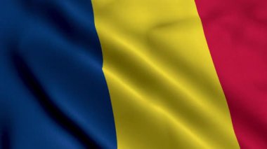 Romanya Bayrağı. Romanya 'nın Saten kumaş desenli bayrağını sallıyor. 3D illüstrasyon. Romanya 4K Videosunun Gerçek Doku Bayrağı