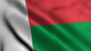 Madagaskar Bayrağı. Madagaskar 'ın Saten kumaş desenli bayrağını sallıyor. Madagaskar Cumhuriyeti 'nin Gerçek Doku Bayrağı 4K Videosu