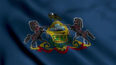 Pennsylvania Eyalet Bayrağı. Pensilvanya 'nın Saten kumaş desenli ulusal bayrağını sallıyor. Amerika Birleşik Devletleri 'nde Pennsylvania Eyaleti' nin Gerçek Doku Bayrağı. ABD. Yüksek Ayrıntılı Bayrak Canlandırması