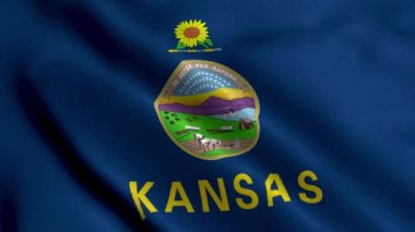 Kansas Eyalet Bayrağı. Kansas 'ın üç boyutlu resminin kumaş desenli ulusal bayrağını sallıyor. Amerika Birleşik Devletleri 'nde Kansas Eyaleti' nin Gerçek Doku Bayrağı. ABD. Yüksek Ayrıntılı Bayrak Canlandırması