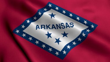 Arkansas Eyalet Bayrağı. Arkansas 'ın Saten kumaş desenli ulusal bayrağını sallıyor. Amerika Birleşik Devletleri 'nde Arkansas Eyaleti' nin Gerçek Doku Bayrağı. ABD. Yüksek Ayrıntılı Bayrak 