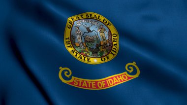 Idaho Eyalet Bayrağı. Kumaş kumaş desenli Idaho 'nun ulusal bayrağını sallıyor. Amerika Birleşik Devletleri 'ndeki Idaho Eyaleti' nin Gerçek Doku Bayrağı. ABD. Yüksek Ayrıntılı Bayrak Canlandırması