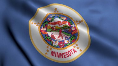 Minnesota Eyalet Bayrağı. Kumaş kumaş kumaş dokusu Minnesota 'nın ulusal bayrağını sallıyor. Amerika Birleşik Devletleri 'nde Minnesota Eyaleti' nin Gerçek Doku Bayrağı. ABD. Yüksek Ayrıntılı Bayrak
